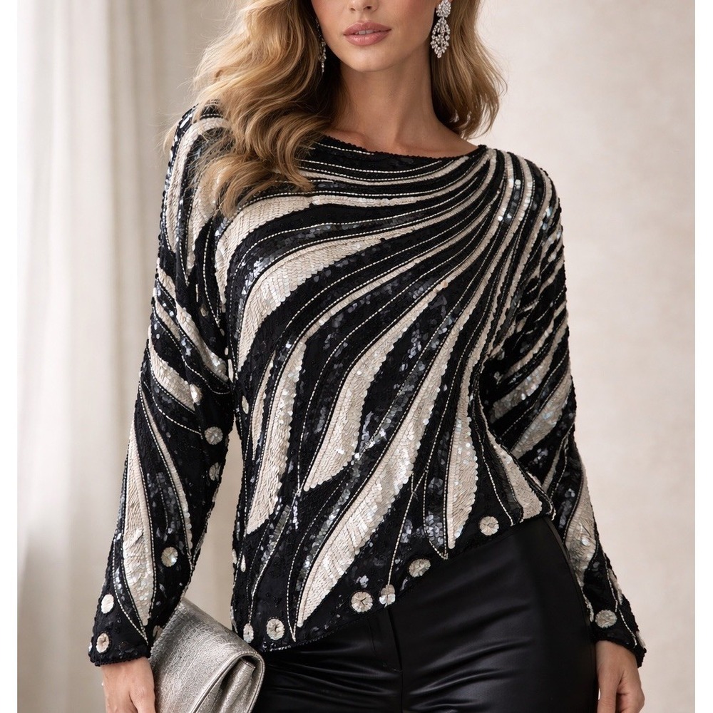 Fully Embellished VTG Glam All Over Sequin Top Womens M Silver Eveningwear Heavy